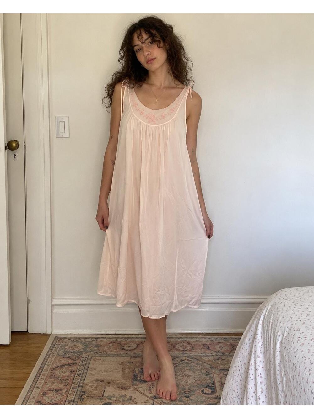 1960 vintage pastel pink babydoll midi slip dress nightgown dainty cottage fairy
